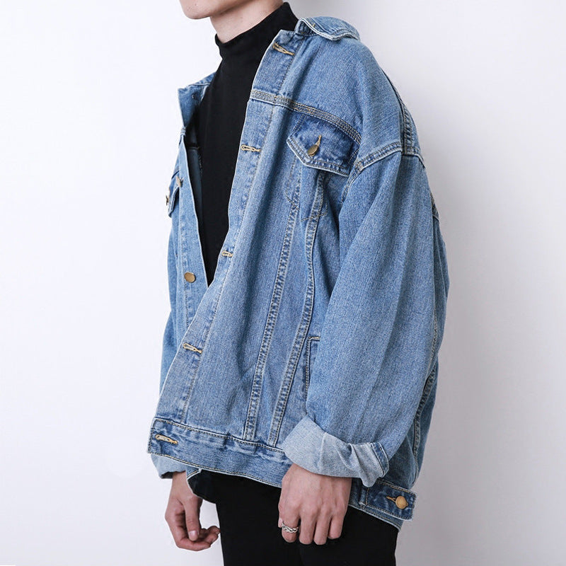 90s fashion men INS Denim Coat Men's Spring and Autumn Fashion Brand Pu Shuai Jacket Hong Kong Style High Street Loose Student Work Clothes