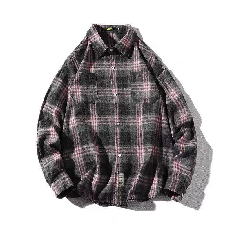 black men streetwear Plaid Shirt Men's Long Sleeve Spring and Autumn Loose Retro Trendy Lazy Style Korean Style Ruan Handsome Inner Short Sleeve Shirt Jacket