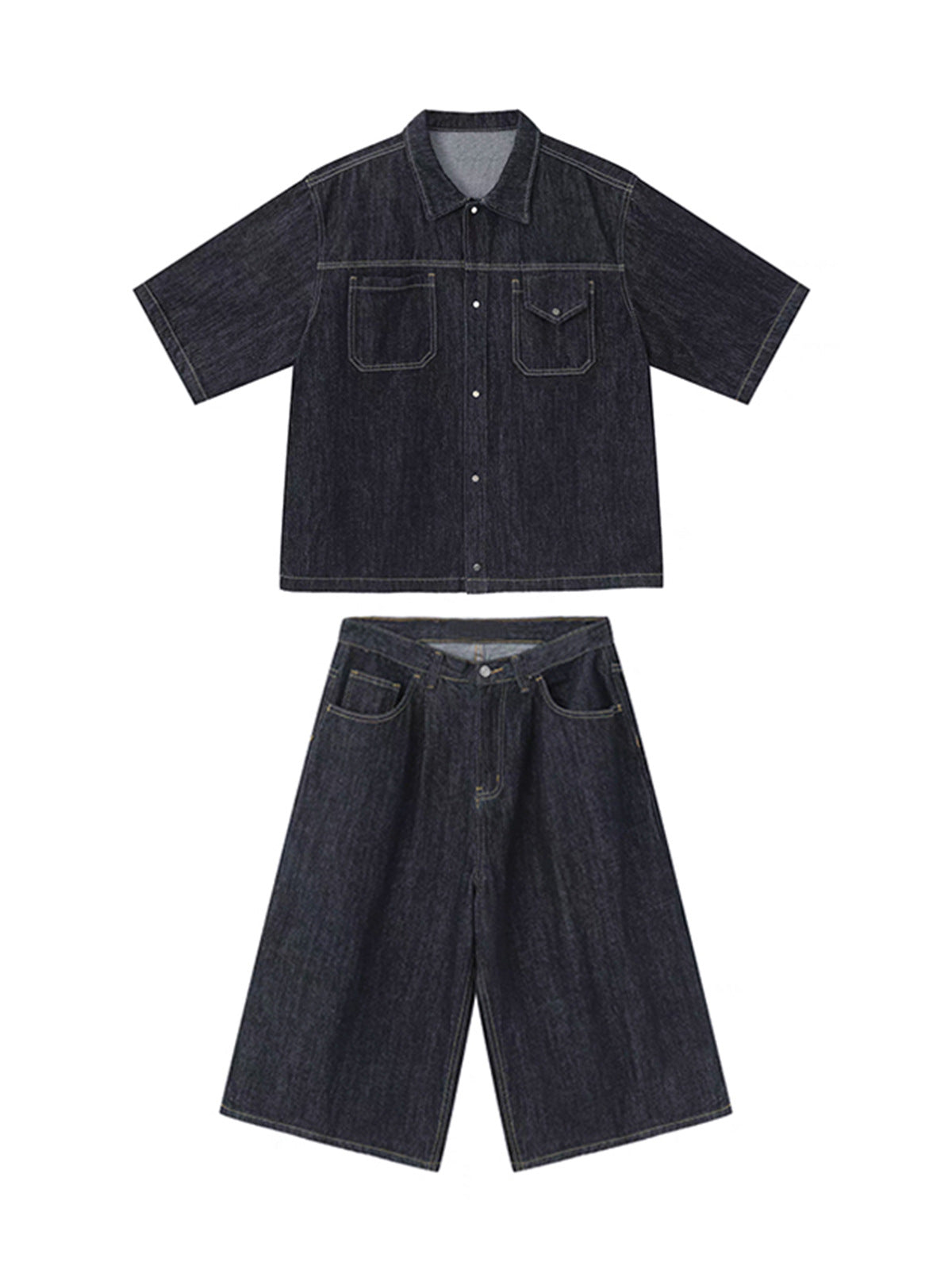 90s fashion men Summer New Denim Suit Men's American Street Loose Casual Dark Blue Shirt Wide Leg Cropped Pants Two-Piece Set