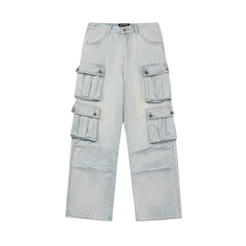 dti outfits American-Style Loose Wide-Leg Overalls Men's Multi-Pocket Niche High Street Retro Light-Colored Washed Jeans