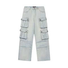 dti outfits American-Style Loose Wide-Leg Overalls Men's Multi-Pocket Niche High Street Retro Light-Colored Washed Jeans