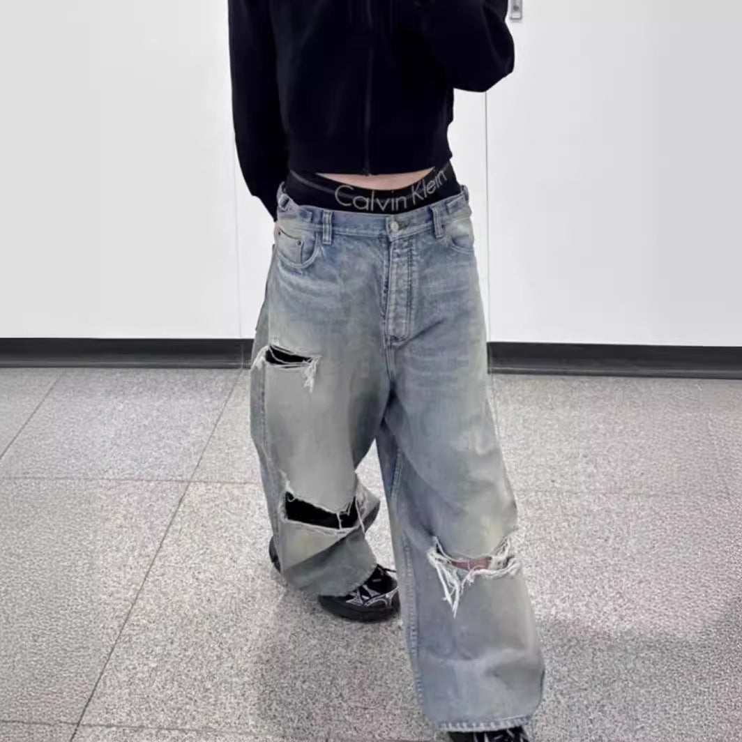 black men streetwearSummer Korean Style Designer High Street Washed Vintage Double Knee Knife Cut Big Damage Straight Ripped Denim Trousers