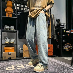 fall outfit men Jacquard Jeans Men's Summer New High Street Mopping Casual Pants Hong Kong Style Ruan Handsome Wide Leg Long Pants