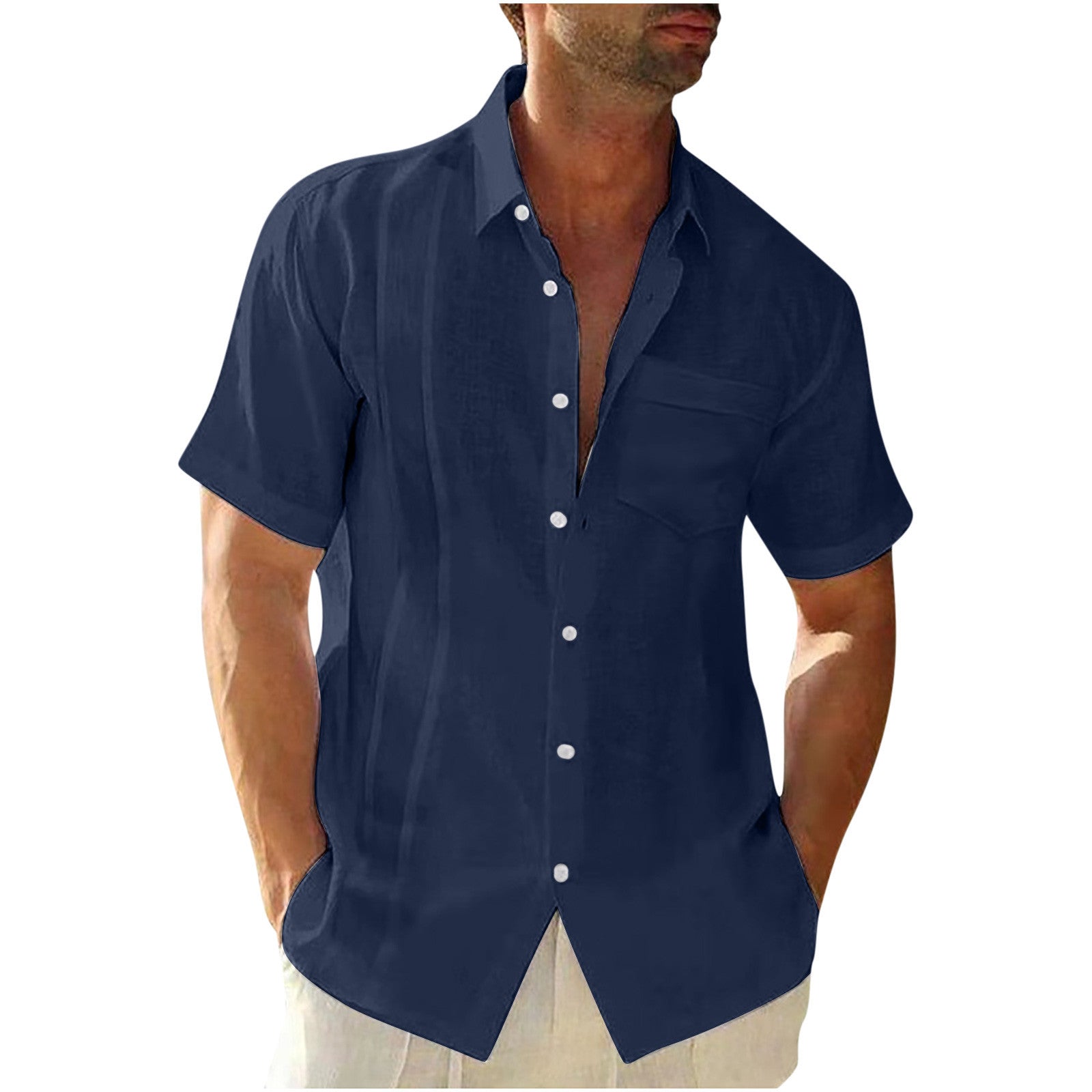 black men fashion urban 2024 Summer Men's Pocket Single-Breasted Cardigan Solid Color Cotton and Linen Bamboo Casual Short-Sleeved Men's Shirt