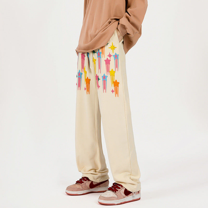 90s fashion men Graffiti Star Casual Pants Men's Spring American Retro Fashion Brand Straight Pants Loose All-Match Couple Wide-Leg Pants