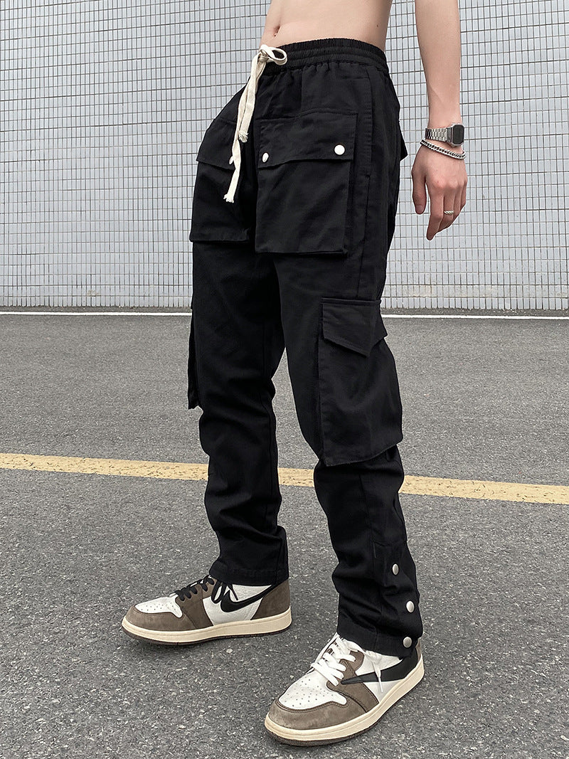 fall outfits men High Street Black Breasted Casual Pants Men's American Street Style Loose Straight Functional Overalls Fashionable Trousers