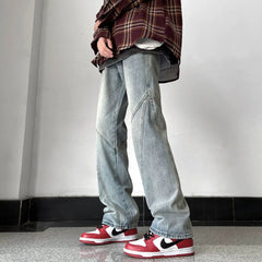 masc outfits Washed Vintage Blue Jeans Men's Spring and Autumn Design Sense American Mop Pants Straight Trousers