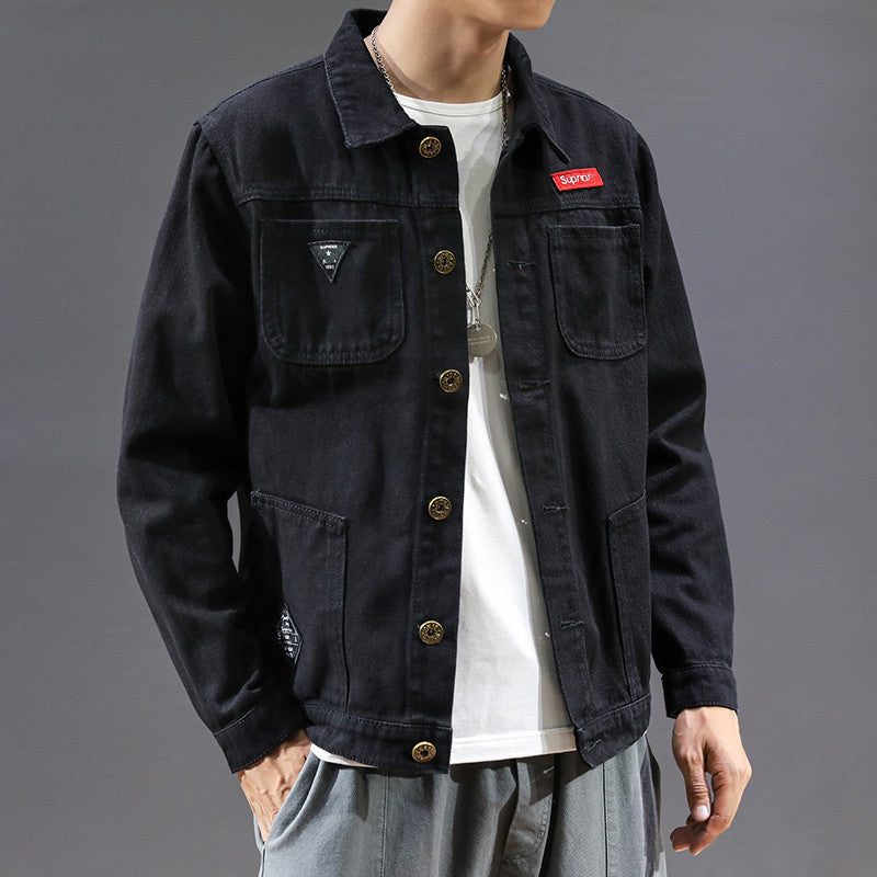 90s fashion men INS Denim Coat Men's Spring and Autumn Fashion Brand Pu Shuai Jacket Hong Kong Style High Street Loose Student Work Clothes