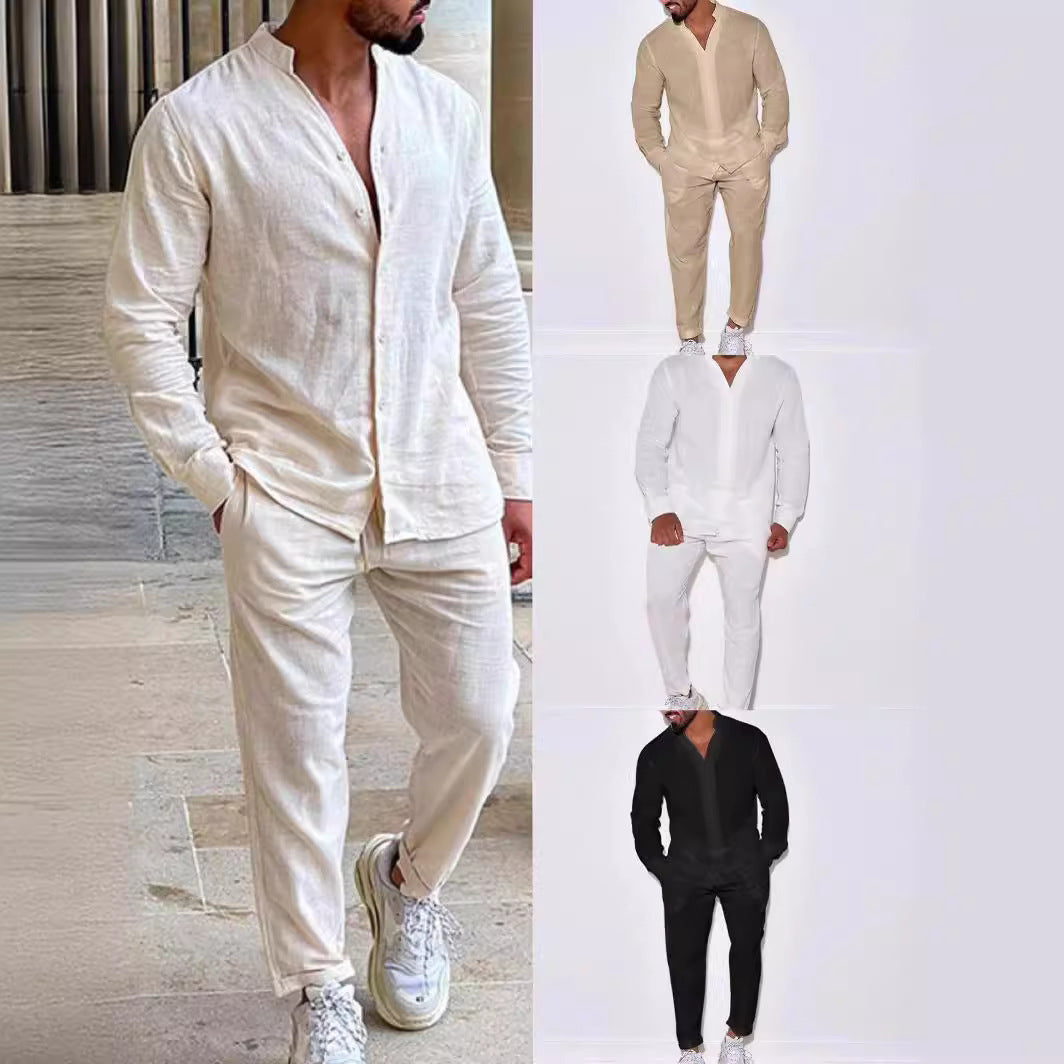 fall mens outfits Sports Suit Men's Linen Autumn Casual Suit Long Sleeve Fashion Overalls Two-Piece Set