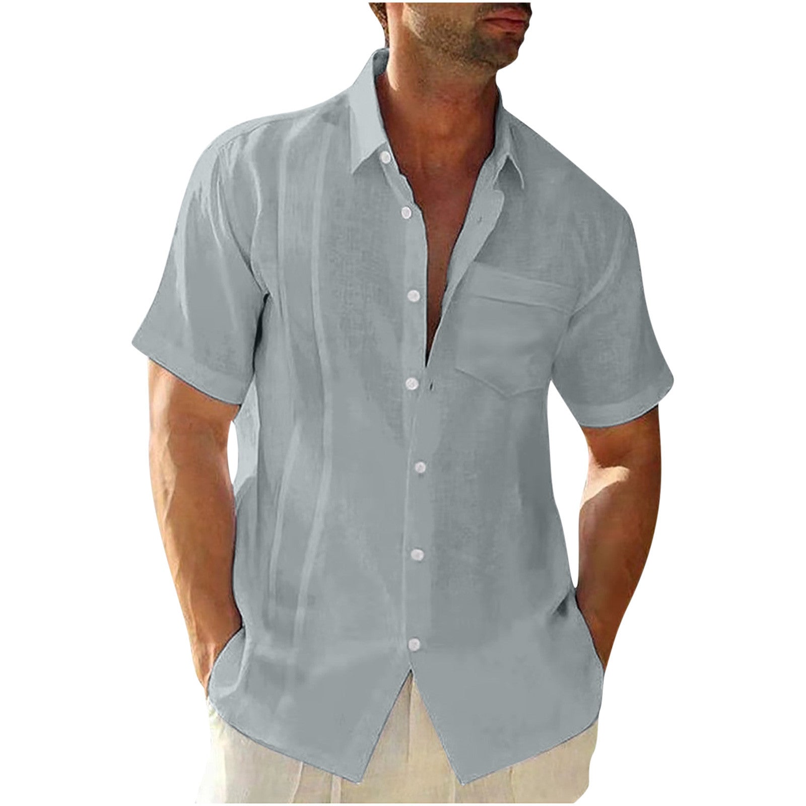 black men fashion urban 2024 Summer Men's Pocket Single-Breasted Cardigan Solid Color Cotton and Linen Bamboo Casual Short-Sleeved Men's Shirt