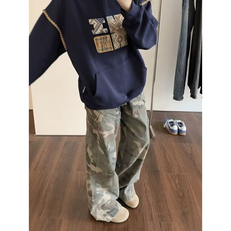 2000s fashion American Retro Camouflage Pants Men's Spring and Autumn Micro-Pull Wide-Leg Overalls High Street Drape Design Casual Mopping Pants