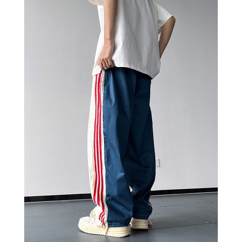 90s fashion men Ice Silk Quick-Drying Three-Bar Pants Men's Autumn American Design Sense Niche Color Matching Straight Loose Casual Sports Pants