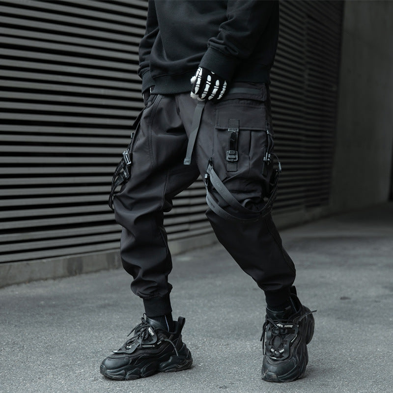 black men streetwear Spring and Autumn Dark Overalls Men's Slim Fit Slimming Boots Street Fashion Functional Pants Ruan Handsome Ankle-Length Pants