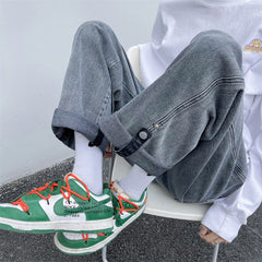 boy outfits Spring and Summer Trendy Men's Jeans Loose Straight Casual Draping Wide-Leg Hong Kong Style Cropped Sports Long Pants