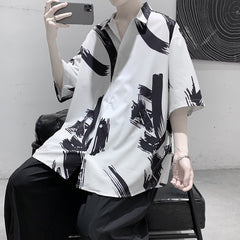 shirt Short Sleeve Shirt Men's Hong Kong Style Spring and Summer Draping Ice Silk Casual Half Sleeve Shirt Men's Loose Design Top Clothes