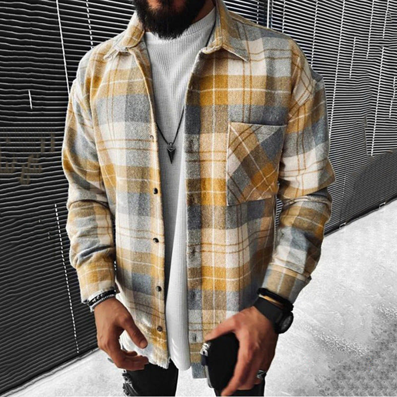 men fall outfits New Spring and Autumn New Long-Sleeved Blue and White Plaid Long-Sleeved Shirt Casual Stand Collar Pocket Shirt for Men