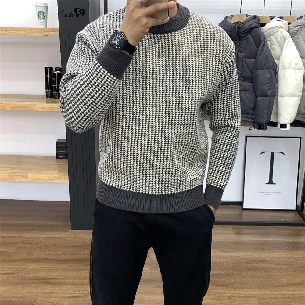 90s fashion men round Neck Bottoming Pullover Slim-Fit Thickened Sweater Plaid Top Autumn and Winter Trendy Long-Sleeved Sweater Men's Versatile New