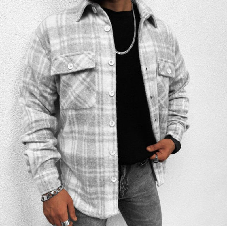 men fall outfits New Spring and Autumn New Long-Sleeved Blue and White Plaid Long-Sleeved Shirt Casual Stand Collar Pocket Shirt for Men