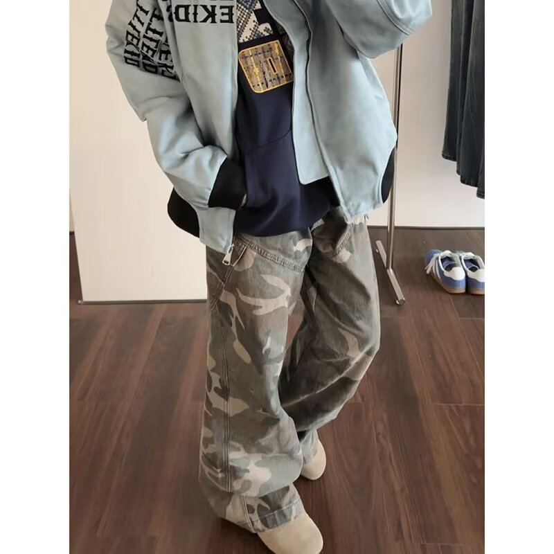 2000s fashion American Retro Camouflage Pants Men's Spring and Autumn Micro-Pull Wide-Leg Overalls High Street Drape Design Casual Mopping Pants