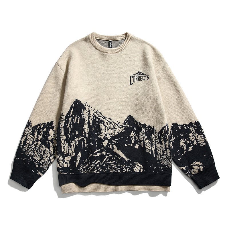 90s fashion men Trendy Harajuku Autumn Clothing Japanese Fashion Brand Creative Snow Mountain Fake Two-Piece round Neck Sweater Men's and Women's Neutral Sweater