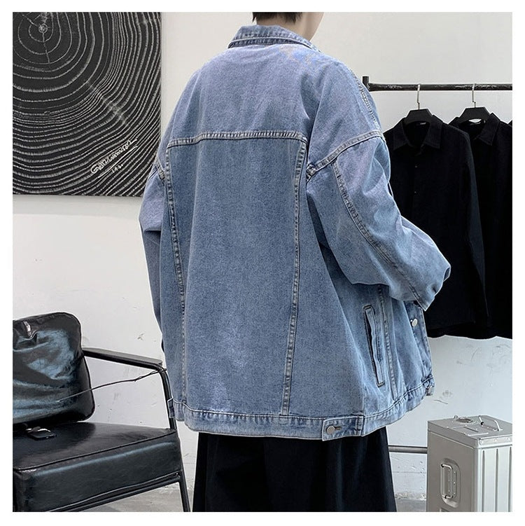 90s fashion men Denim Coat Men's Loose Spring and Autumn New Jacket Korean Style Simple Solid Color Trendy Casual Lapel Cardigan Top Clothes