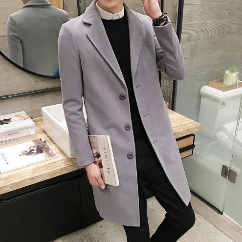 men’s style Autumn and Winter New Solid Color Men's Mid-Length Woolen Coat Slim plus Size Single-Breasted Trench Coat