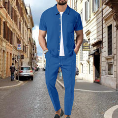 mens fall fashion 2024 New Men's Waffle Solid Color Short Sleeve Shirt Trousers Suit