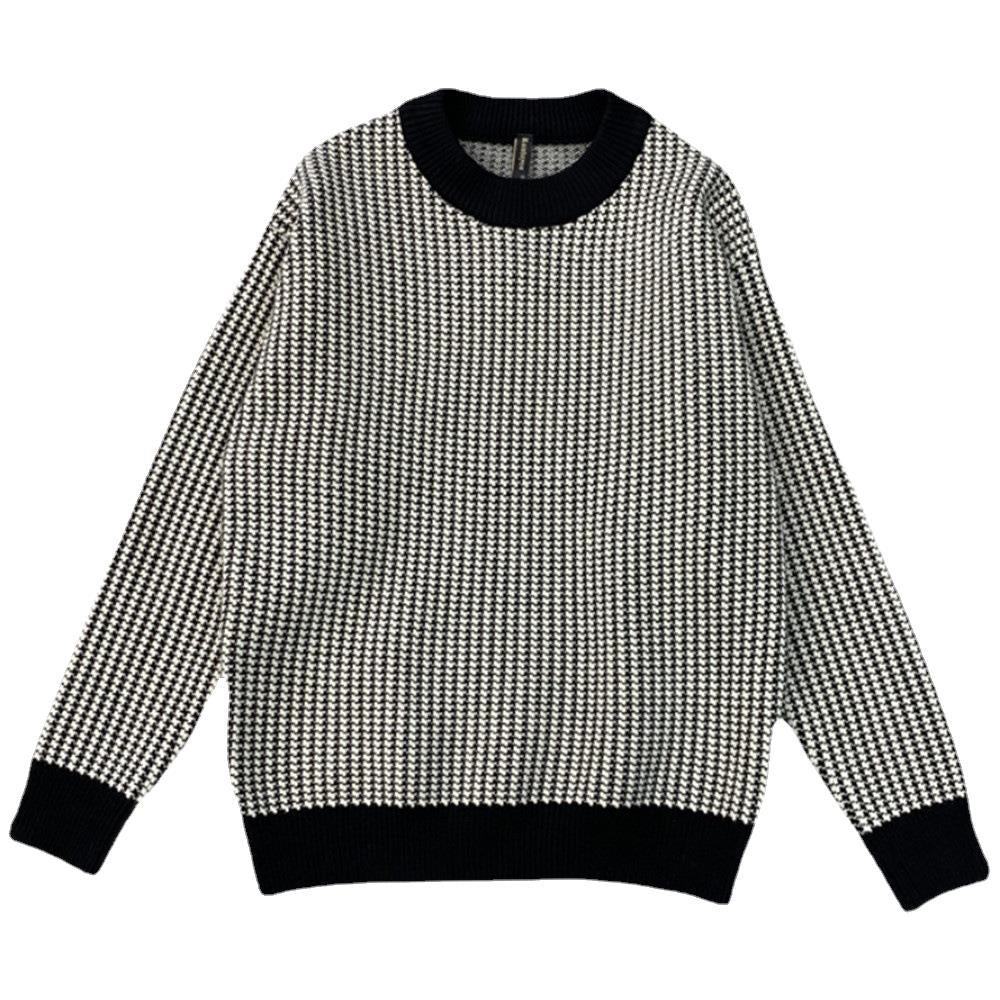 90s fashion men round Neck Bottoming Pullover Slim-Fit Thickened Sweater Plaid Top Autumn and Winter Trendy Long-Sleeved Sweater Men's Versatile New