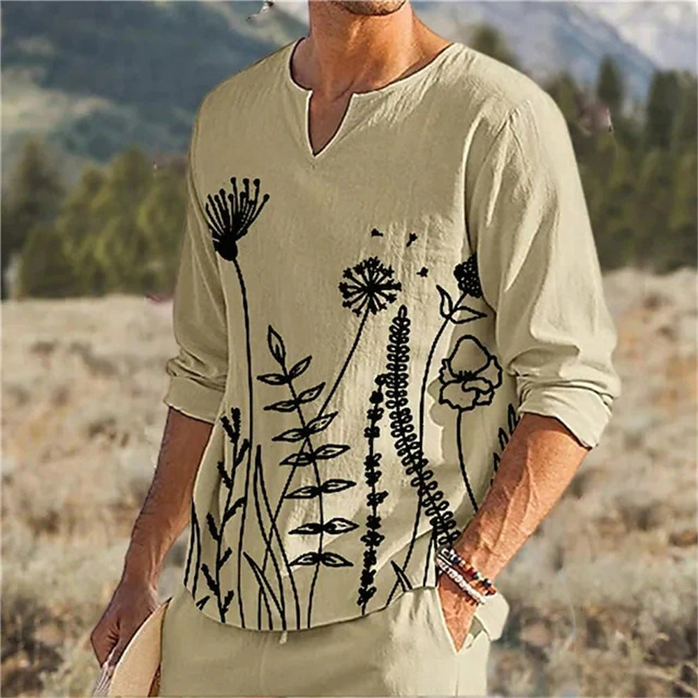 mens fall fashion New Style Small V-neck Long-Sleeved Men's Graffiti Muscle Casual Slim Pullover T-shirt