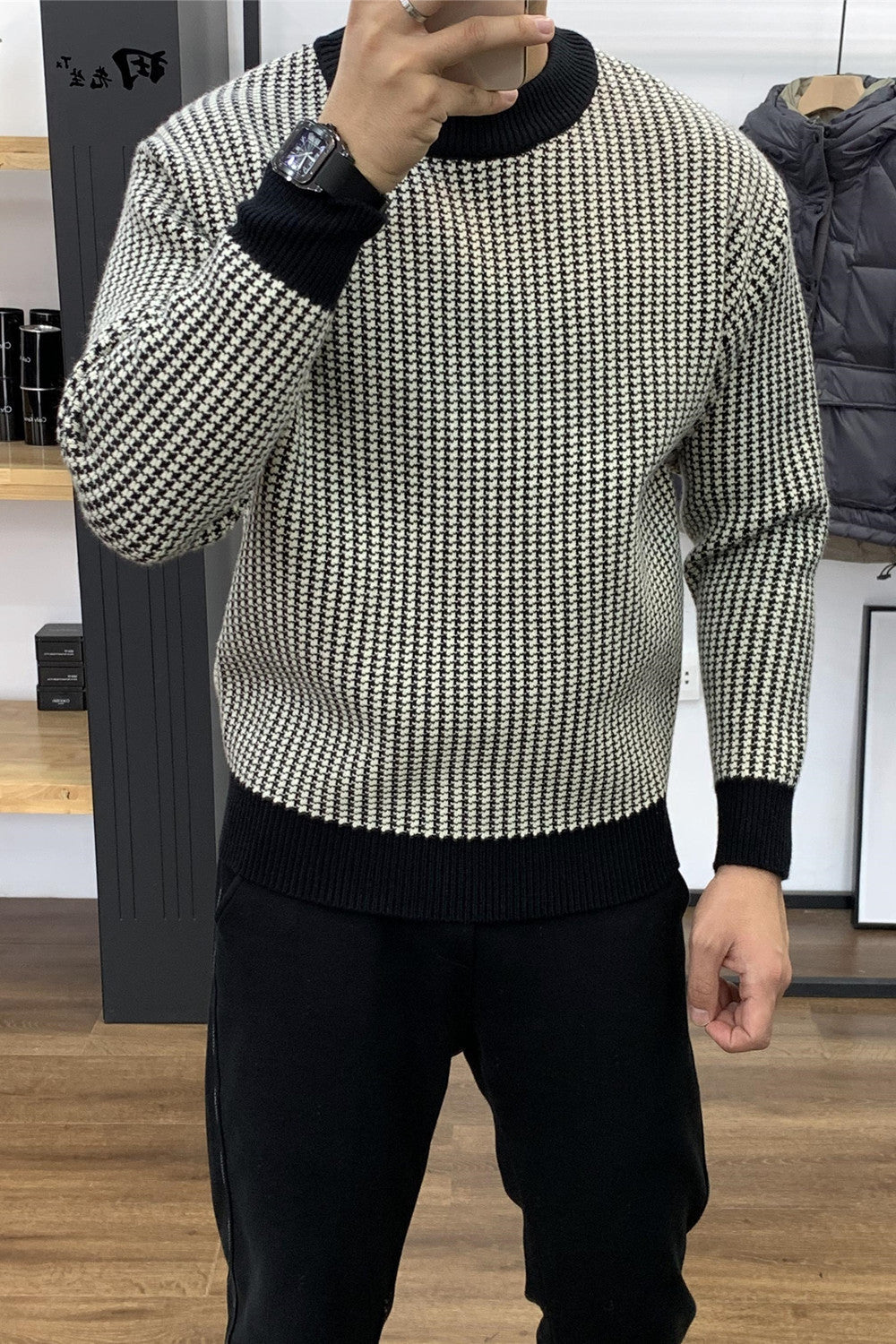 90s fashion men round Neck Bottoming Pullover Slim-Fit Thickened Sweater Plaid Top Autumn and Winter Trendy Long-Sleeved Sweater Men's Versatile New