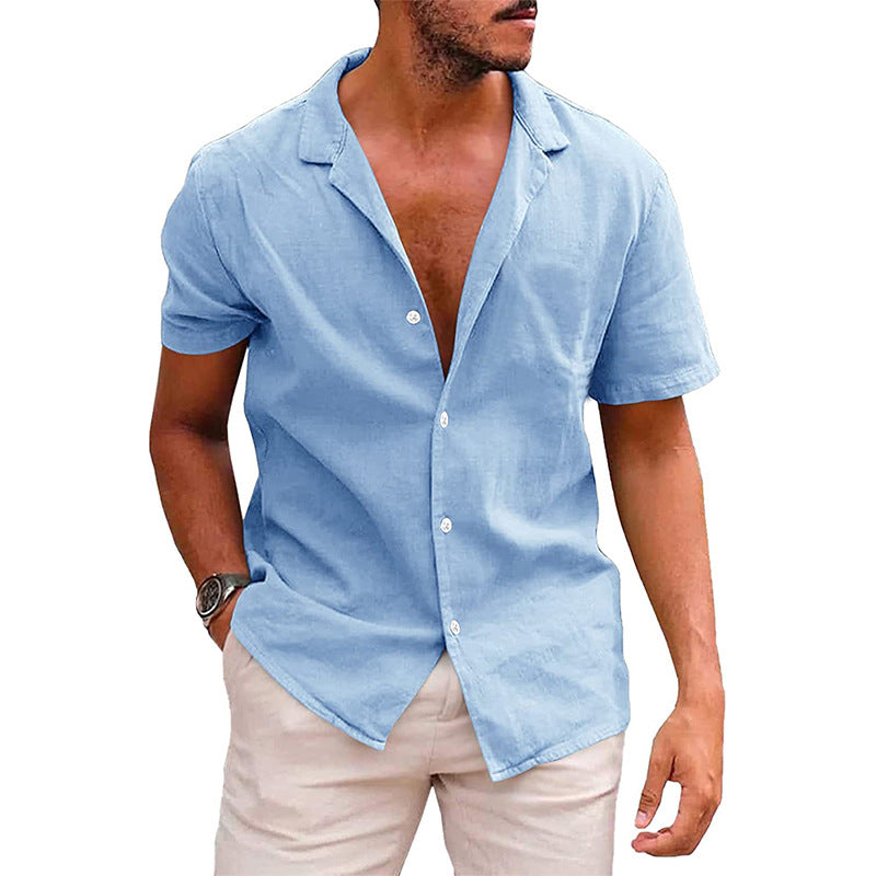 boy outfits Summer Lapel Solid Color Short-Sleeved Shirt Button Men's Cotton and Linen Shirt Men's Clothing