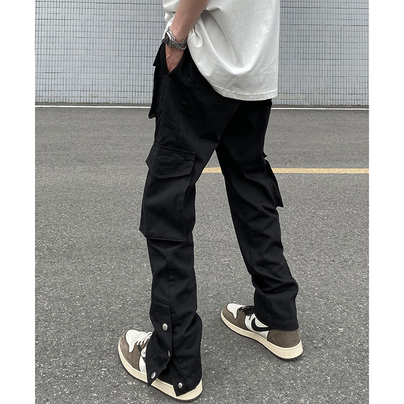 fall outfits men High Street Black Breasted Casual Pants Men's American Street Style Loose Straight Functional Overalls Fashionable Trousers