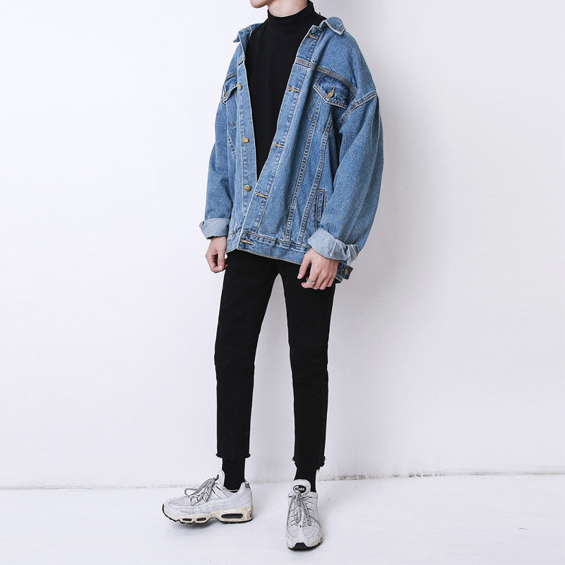 90s fashion men INS Denim Coat Men's Spring and Autumn Fashion Brand Pu Shuai Jacket Hong Kong Style High Street Loose Student Work Clothes