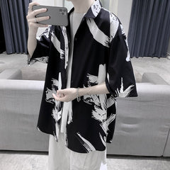 shirt Short Sleeve Shirt Men's Hong Kong Style Spring and Summer Draping Ice Silk Casual Half Sleeve Shirt Men's Loose Design Top Clothes