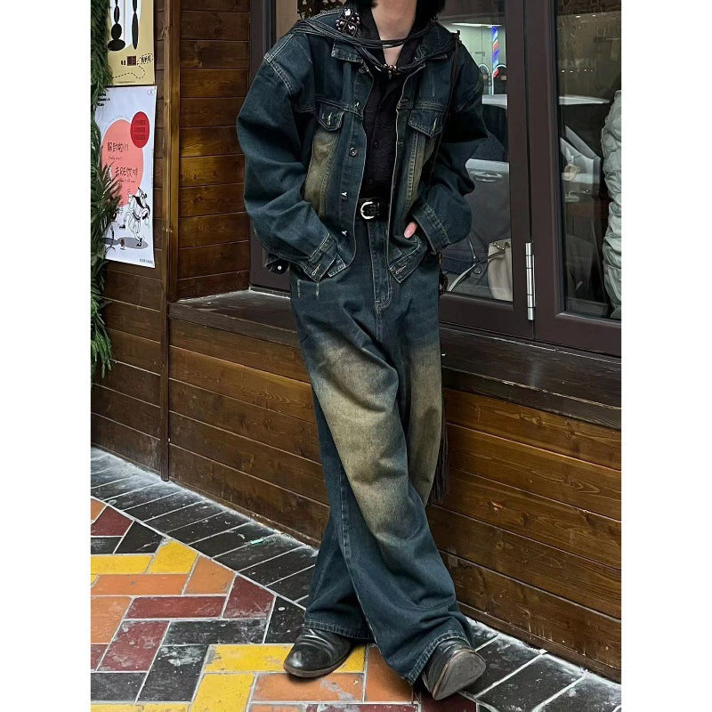 90s fashion men American High Street Retro Distressed Washed Denim Suit Men's and Women's Gradient Color Jacket Ruan Handsome Wide Leg Trousers Two-Piece Set