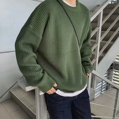 fall mens outfits round Neck Solid Color Sweater Men's Autumn and Winter Loose Korean Style Thick Sweater Lazy Personality Bottoming Sweater Sweater Men