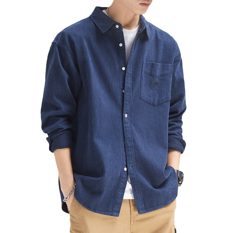 mens fall fashion Autumn and Winter Navy Blue American Retro Shirt Men's Japanese Style Workwear Brushed Season Shirt Jacket