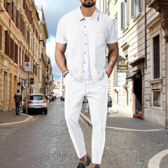 mens fall fashion 2024 New Men's Waffle Solid Color Short Sleeve Shirt Trousers Suit