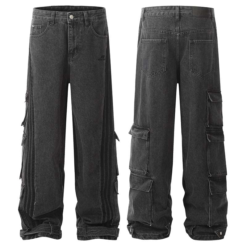 mens fall fashion American-Style Retro Ankle-Tied Multi-Pocket Striped Distressed Workwear Jeans Men's Letter Embroidered Wide-Leg Long Pants