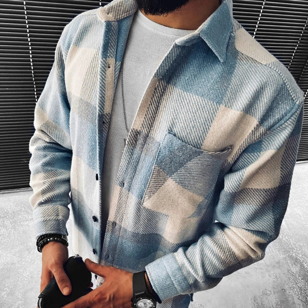 men fall outfits New Spring and Autumn New Long-Sleeved Blue and White Plaid Long-Sleeved Shirt Casual Stand Collar Pocket Shirt for Men