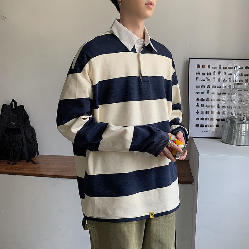 90s streetwear Spring New Long-Sleeved T-shirt Men's Versatile Striped Loose Polo Shirt Korean Style Trendy Lapel Sweater Bottoming Shirt