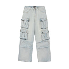 dti outfits American-Style Loose Wide-Leg Overalls Men's Multi-Pocket Niche High Street Retro Light-Colored Washed Jeans