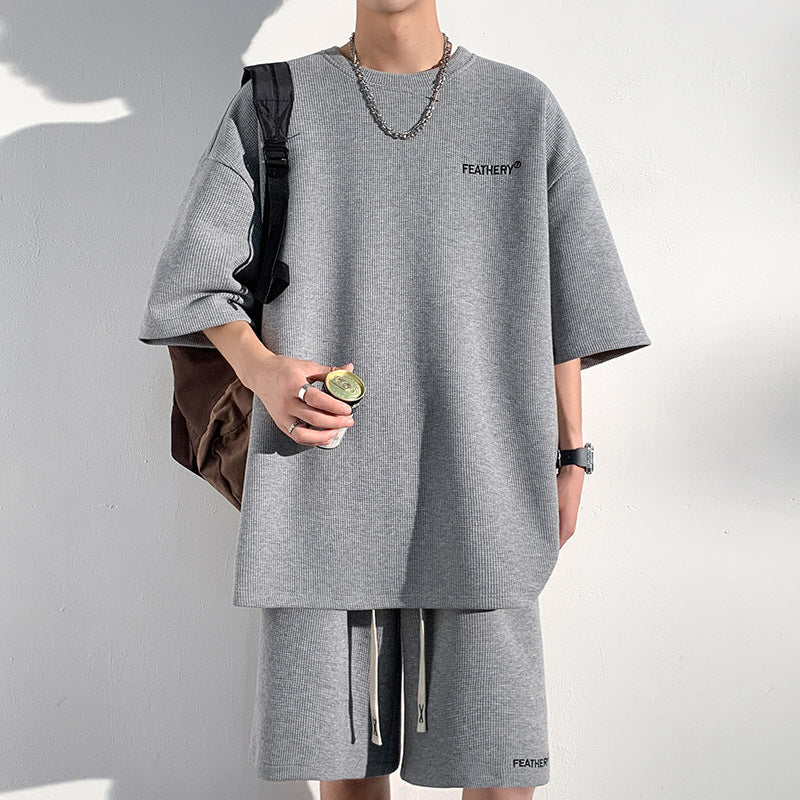 guys clothing styles Hong Kong Style Loose Waffle Sports Suit Men's Summer New Youth Casual T-shirt + Shorts