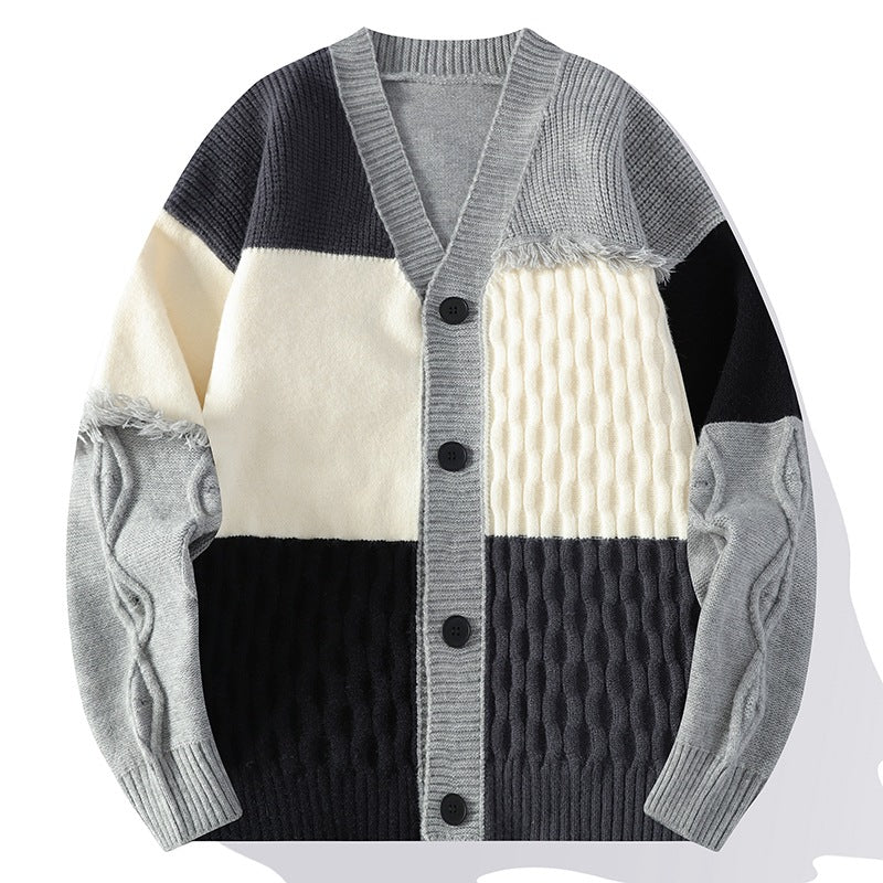 boy outfits Autumn and Winter Cardigan Sweater Men's Trendy Color Matching Knitted Coat Youth Style V-neck Loose Top