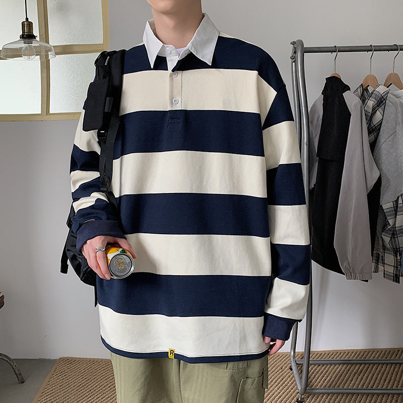 90s streetwear Spring New Long-Sleeved T-shirt Men's Versatile Striped Loose Polo Shirt Korean Style Trendy Lapel Sweater Bottoming Shirt