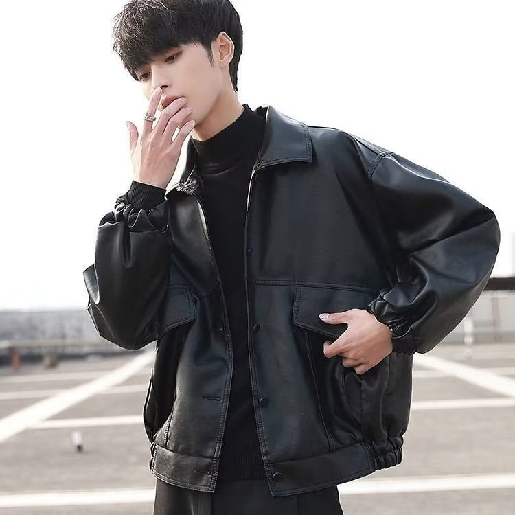 bomber jacket Korean Style Loose Leather Coat Men's Knight Motorcycle Suit Pilot Leather Jacket Spring and Summer Thin Handsome All-Matching Coat