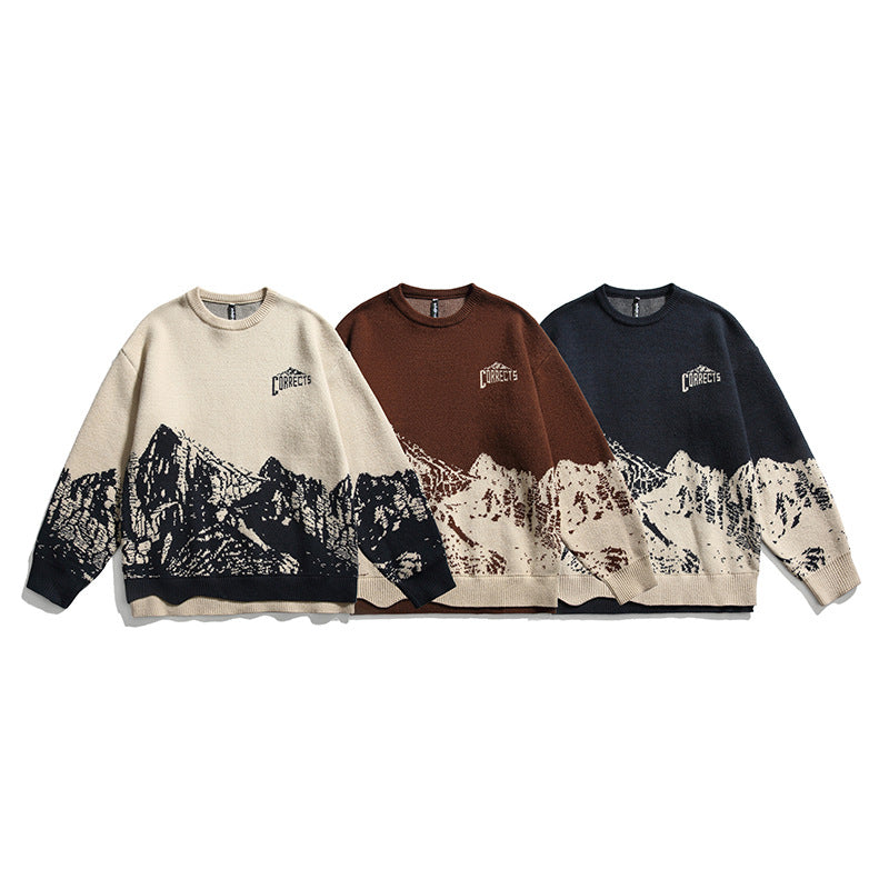 90s fashion men Trendy Harajuku Autumn Clothing Japanese Fashion Brand Creative Snow Mountain Fake Two-Piece round Neck Sweater Men's and Women's Neutral Sweater