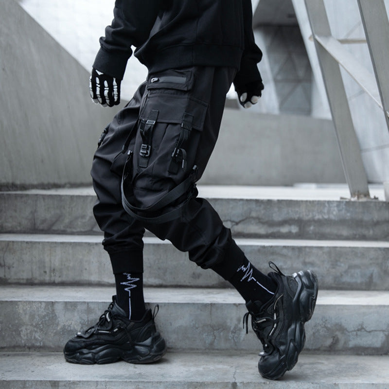 black men streetwear Spring and Autumn Dark Overalls Men's Slim Fit Slimming Boots Street Fashion Functional Pants Ruan Handsome Ankle-Length Pants