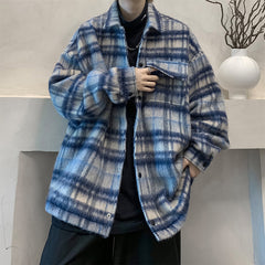 guys fashion casual Chanel Style Thickened Woolen Coat Men's Autumn and Winter Design Fashion Brand Loose Warm Plaid Jacket Stand Collar Cotton-Padded Jacket