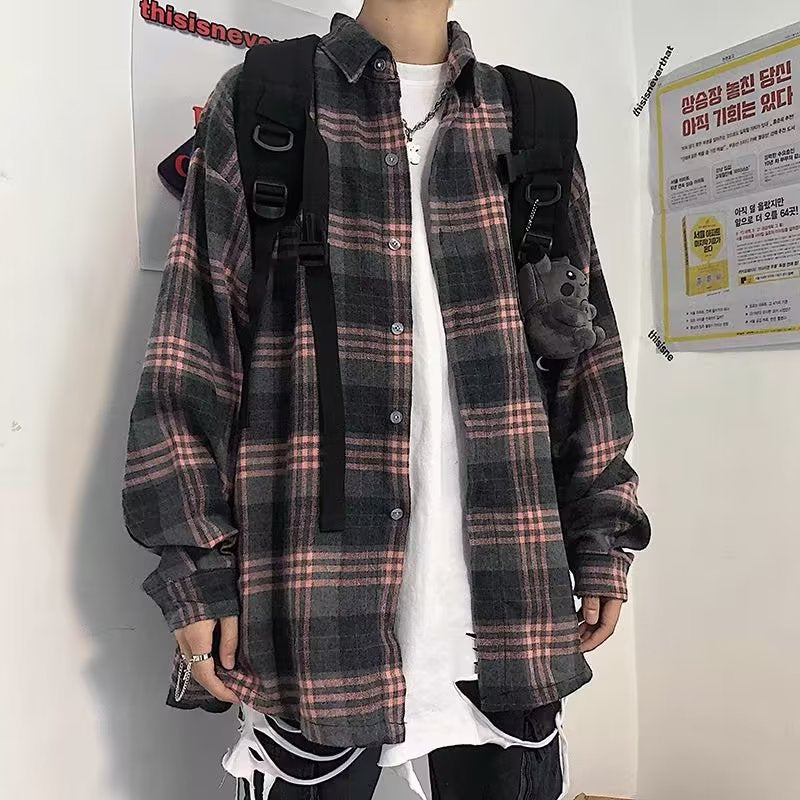 black men streetwear Plaid Shirt Men's Long Sleeve Spring and Autumn Loose Retro Trendy Lazy Style Korean Style Ruan Handsome Inner Short Sleeve Shirt Jacket